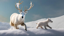 Cute Deer On Snow Animal Running With Baby Polar Bear - Ai Generative