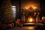 Fototapeta Przestrzenne - Dreamy Christmas Atmosphere with Tree, Fireplace, and Gifts