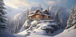 beautiful house covered with snow surrounded by mountains 