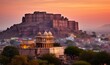The Jaswant Thada and Mehrangarh Fort in background at sunset, The Jaswant Thada is a cenotaph located in Jodhpur, It was used for the cremation of the royal family Marwar, Rajasthan, Generative AI 