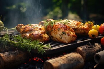 Wall Mural - A close-up view of a grill with a delicious assortment of meat and vegetables. Perfect for showcasing outdoor cooking and barbecuing.