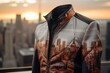 A stylish jacket featuring a vibrant cityscape in the background. 