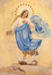 Wall Mural - VICENZA, ITALY - NOVEMBER 7, 2023: The fresco of Immaculate Conception on the ceiling of church Chiesa di Santa Lucia by Rocco Pittaco (1862).