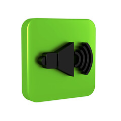 Poster - Black Speaker volume, audio voice sound symbol, media music icon isolated on transparent background. Green square button.