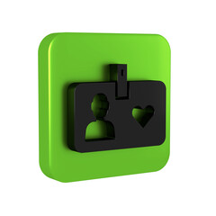 Poster - Black Identification card volunteer icon isolated on transparent background. Volunteer id card or badge. Green square button.