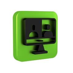 Poster - Black Video chat conference icon isolated on transparent background. Computer with video chat interface active session on screen. Green square button.