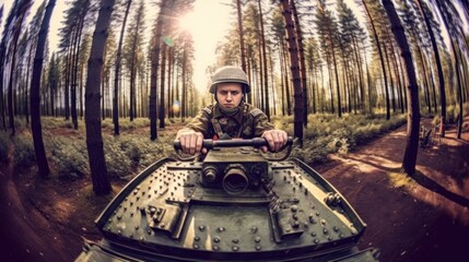 Wall Mural - A man in a military uniform drives a tank in the forest. Military Concept. War Concept. Battlefield.