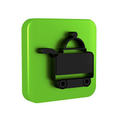 Poster - Black Covered with a tray of food icon isolated on transparent background. Tray and lid sign. Restaurant cloche with lid. Green square button.