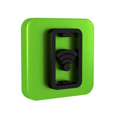 Poster - Black Smartphone with free wi-fi wireless connection icon isolated on transparent background. Wireless technology, wi-fi connection, wireless network. Green square button.