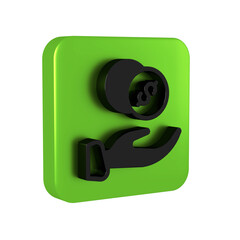 Poster - Black Donation hand with money icon isolated on transparent background. Hand give money as donation symbol. Donate money and charity concept. Green square button.
