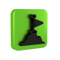 Poster - Black Mountains with flag on top icon isolated on transparent background. Symbol of victory or success concept. Goal achievement. Green square button.