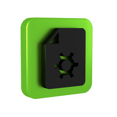 Poster - Black Document settings with gears icon isolated on transparent background. Software update, transfer protocol, teamwork tool management. Green square button.