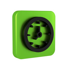 Poster - Black Clock icon isolated on transparent background. Time symbol. Green square button.