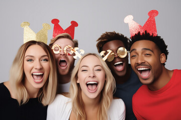 Portrait of a group of young friends of different races celebrating the New Year's party with ridiculous props, with a positive attitude, and enjoying friendship and fun together.