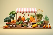 3d Cartoon Illustration Of A Vegetables And Fruits Vendor Or Market