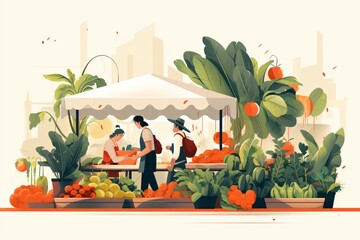 Wall Mural - Cartoon illustration of vegetables and fruits market