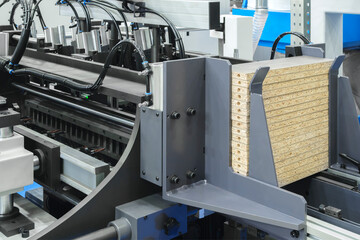 Poster - Industrial furniture factory, wood chipboard processing conveyor, industrial concept background