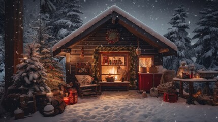 Wall Mural - A small cabin with a christmas tree outside