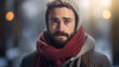 man in snowy weather, being cold, sick face with red nose, winter virus, flu, sickness, wearing a scarf, a hat and a coat, healthcare, health, selling winter medecine