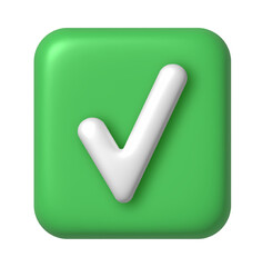 Green check mark icon isolated on transparent background. Check list button choice for right, success, tick select, accept, agree on application 3d. Select icon 3D rendering illustration.