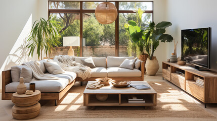 Living room, mid-century modern, bright and airy, monstera plant, exotic ceiling fan, rattan, tv counter, tv on the wall, whitewash walls, zen, wabi sabi, square coffee table, computer desk in the bac