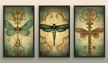A Set Of Canvases With A Painted Dragonfly In The Grunge Style.