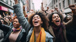 People shouting slogans in a protest march for civil rights womans rights minority rights and equality. selective focus on the front line girl.