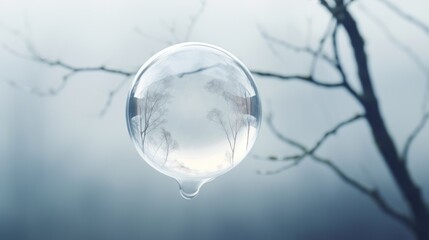 Wall Mural -  a drop of water hanging from a tree in front of a foggy sky with a tree in the background.