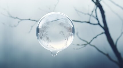 Sticker -  a drop of water hanging from a tree in front of a foggy sky with a tree in the background.