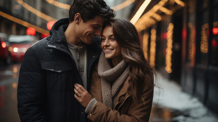 Wall Mural - young handsome man gives a gift to a beautiful woman on a city street, date, love, Christmas, Valentine's day, guy and girl, romance, boyfriend, new year, family, couple of lovers, birthday, emotions