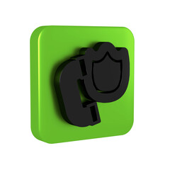 Poster - Black Telephone handset with security shield icon isolated on transparent background. Phone sign. Green square button.