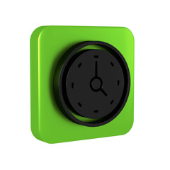 Poster - Black Clock icon isolated on transparent background. Time symbol. Green square button.