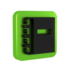 Poster - Black Notebook icon isolated on transparent background. Spiral notepad icon. School notebook. Writing pad. Diary for school. Green square button.