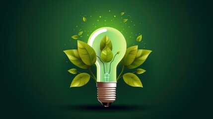 Wall Mural -  a green light bulb with leaves on it and a light bulb in the shape of a leaf on a green background.