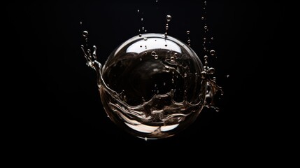 Wall Mural -  a glass filled with water and bubbles on a black background with a drop of water coming out of the bottom of the glass.