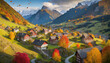 Small village in mountain landscape in autumn season.   Rural townin Europe, typical Alps landscape, travel destination   .ai generated