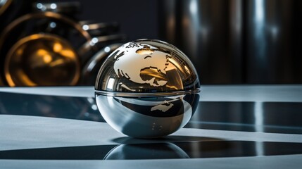 Wall Mural -  a silver and black globe sitting on top of a metal table next to a shiny black and white tablecloth.