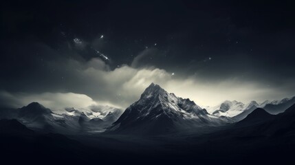 Wall Mural -  a black and white photo of a mountain under a cloudy sky with stars and a shooting star in the sky.