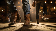 Close-up Picture Of Shoes While People Are Dancing, Wooden Floor Of A Classic American Pub, American Boots, Dance Party At A Bar, American Traditional Dance, Cowboy Shoe