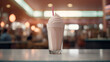 white milkshake white whipped cream, glass with straw, sweet dessert on a diner restaurant background, american beverage, cold ice-cream