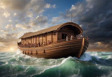 Noah's Ark, A Huge Ancient Wooden Ship Floating On The Sea
