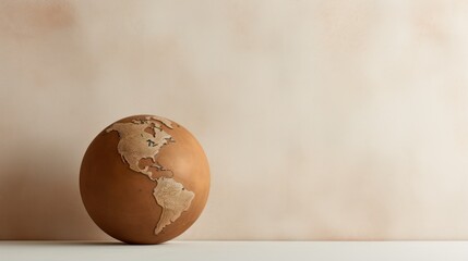 Wall Mural -  a brown egg with a map of the world on it sitting on a white surface next to a beige wall.