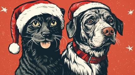 Poster - Two dogs wearing santa hats and one is a cat, AI