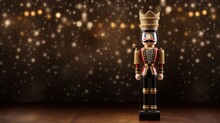  A Nutcracker Standing On A Wooden Floor In Front Of A Wall With Lights And Snow Falling On It.