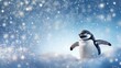  a penguin is standing in the snow with snow flakes on it's back and a blue sky in the background.