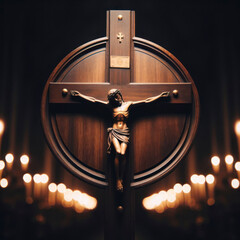 Wall Mural - crucifix on dark wood inside a church with a dark wooden backplate - religious christian symbol. ai generative