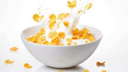 Corn flakes with milk splash in white bowl isolated on white background. AI Generative.