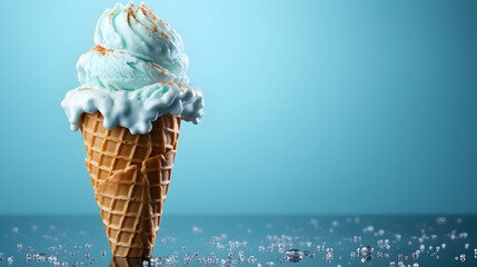 Wall Mural - Ice Cream melting from the waffle cone on pastel blue background, isolated. Minimalist summer food concept, banner header with copy space, generative ai