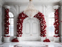 Marble Room Backdrop, Red And White Colors, Chandelier With Roses, Fancy,  Luxurious, Arched Doorway, White Moldings, Wedding Backdrop, Maternity Backdrop
