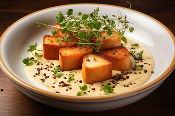 Wall Mural - Cheese soup in a plate with golden brown croutons and herbs. Generative AI.